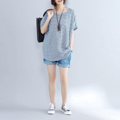 Blue Cotton Topscasual Traveling Blousenew O Neck Striped Brief T Shirt