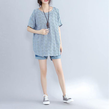 Blue Cotton Topscasual Traveling Blousenew O Neck Striped Brief T Shirt