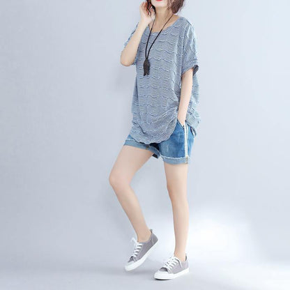 Blue Cotton Topscasual Traveling Blousenew O Neck Striped Brief T Shirt