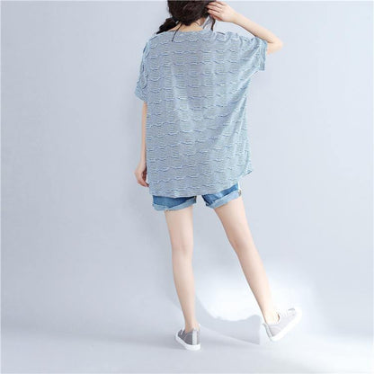 Blue Cotton Topscasual Traveling Blousenew O Neck Striped Brief T Shirt