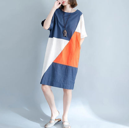 Blue Linen Shift Dresses Shirt Dress Fine Short Sleeve Patchwork Knee Dresses