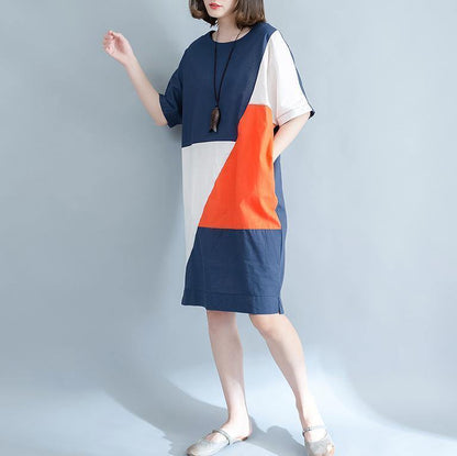 Blue Linen Shift Dresses Shirt Dress Fine Short Sleeve Patchwork Knee Dresses