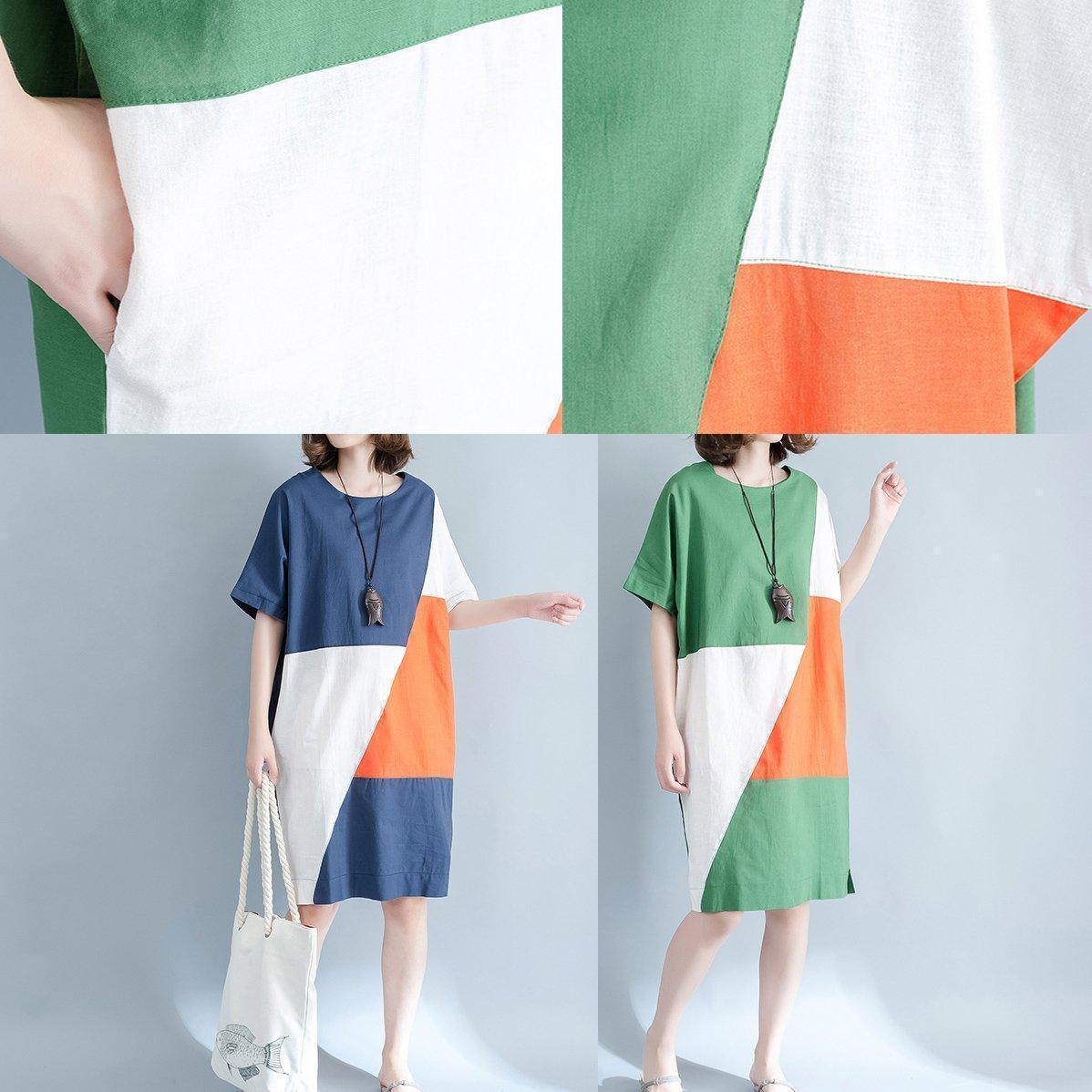 Blue Linen Shift Dresses Shirt Dress Fine Short Sleeve Patchwork Knee Dresses