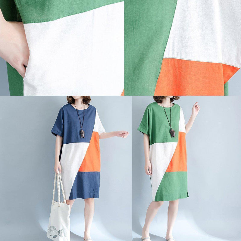 Blue Linen Shift Dresses Shirt Dress Fine Short Sleeve Patchwork Knee Dresses