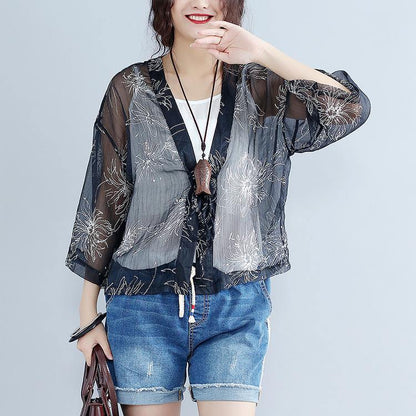 Gray Prints Silk Cardigans Oversize Long Sleeve Tie Bust Tops