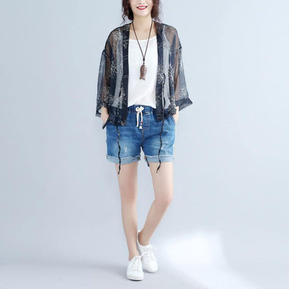 Gray Prints Silk Cardigans Oversize Long Sleeve Tie Bust Tops