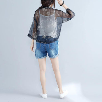 Gray Prints Silk Cardigans Oversize Long Sleeve Tie Bust Tops