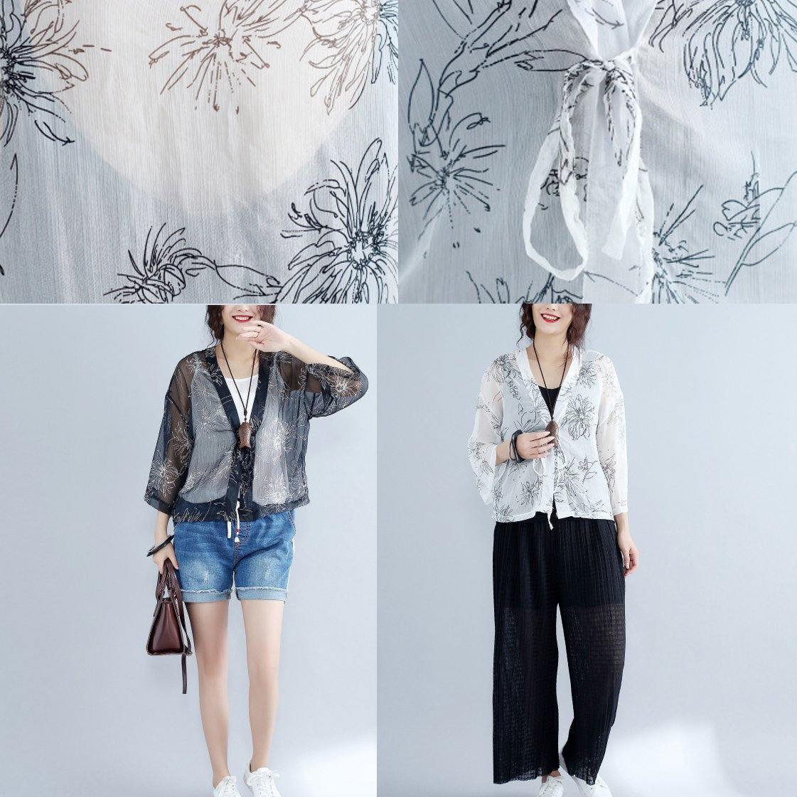 Gray Prints Silk Cardigans Oversize Long Sleeve Tie Bust Tops