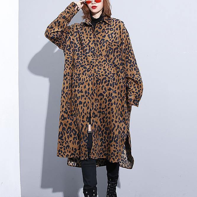 Chocolate Leopard Coat Clothing Dress Side Open Turn-down Collar Button Coat