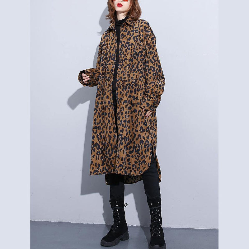 Chocolate Leopard Coat Clothing Dress Side Open Turn-down Collar Button Coat