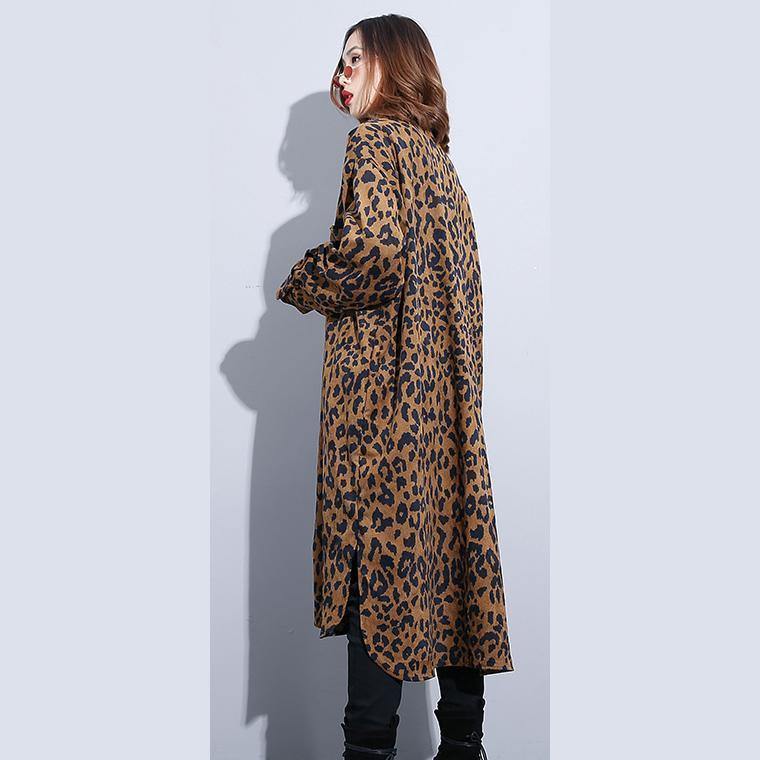 Chocolate Leopard Coat Clothing Dress Side Open Turn-down Collar Button Coat