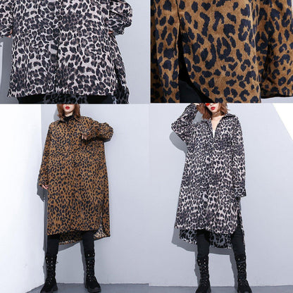 Chocolate Leopard Coat Clothing Dress Side Open Turn-down Collar Button Coat