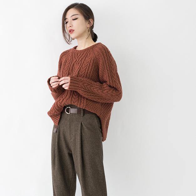 Chocolate Chunky Cozy Sweater Loose Fitting O Neck Side Open Knit Sweat Tops Boutique Cable Knit Blouse