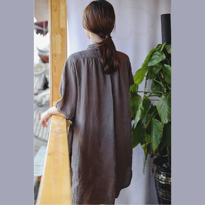 Chocolate Linen Shift Dress Clothing Linen Clothing Dresses Three Quarter Sleeve Baggy Dresses Peter Pan Collar Dresses