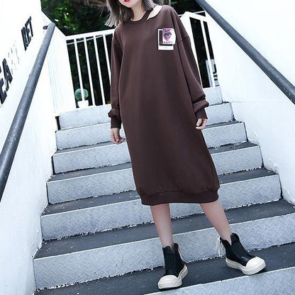 Chocolate Print Cotton Blended Knee Dress Baggy Dresses Fine Asymmetrical Collar Knee Dresses