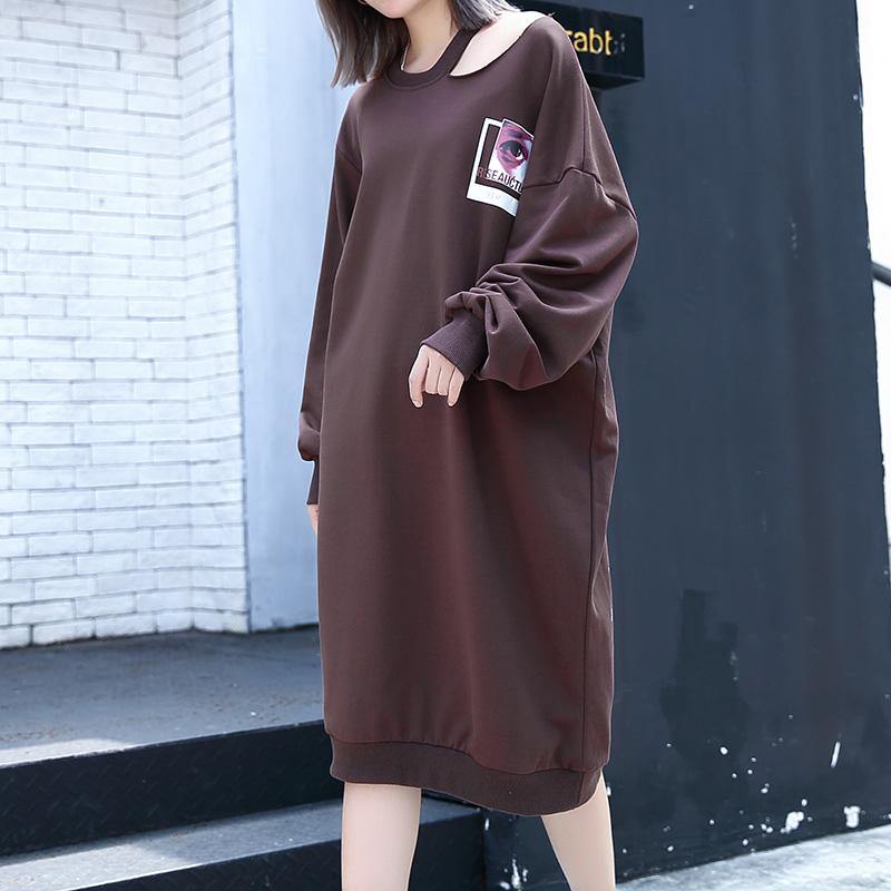 Chocolate Print Cotton Blended Knee Dress Baggy Dresses Fine Asymmetrical Collar Knee Dresses