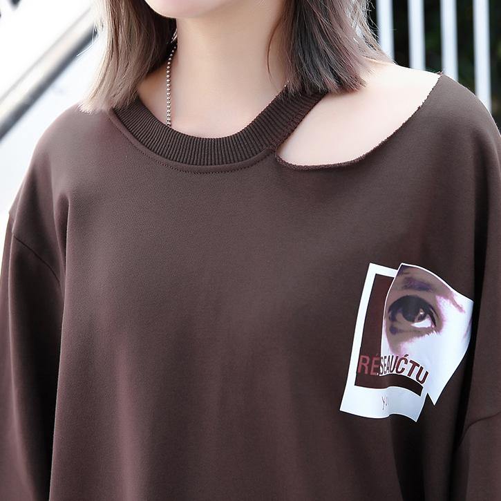 Chocolate Print Cotton Blended Knee Dress Baggy Dresses Fine Asymmetrical Collar Knee Dresses