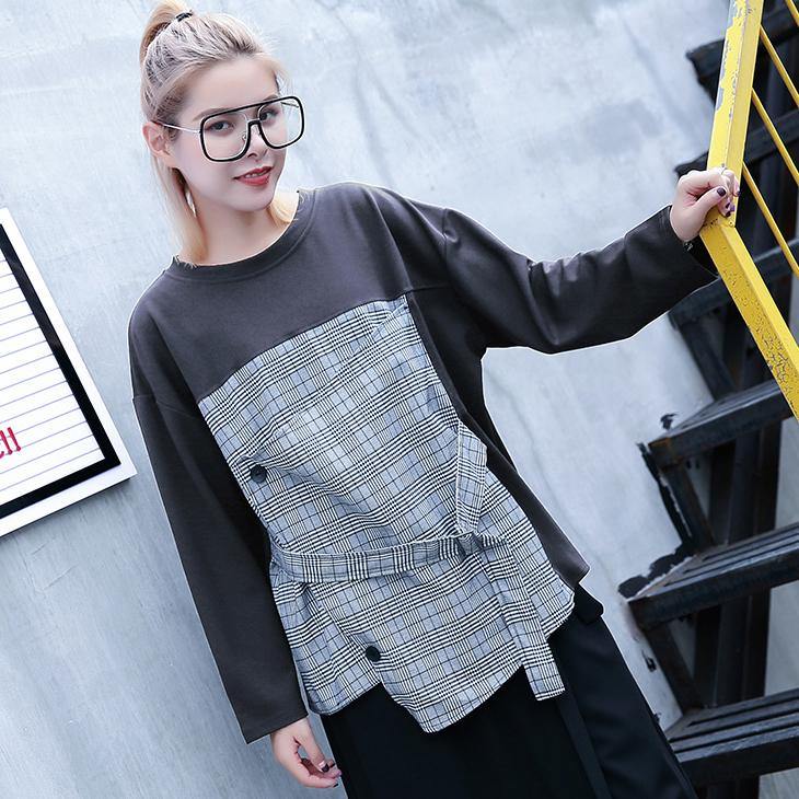 Gray Plaid Tops O Neck New Patchwork Asymmetric Cotton Tops