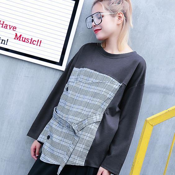 Gray Plaid Tops O Neck New Patchwork Asymmetric Cotton Tops
