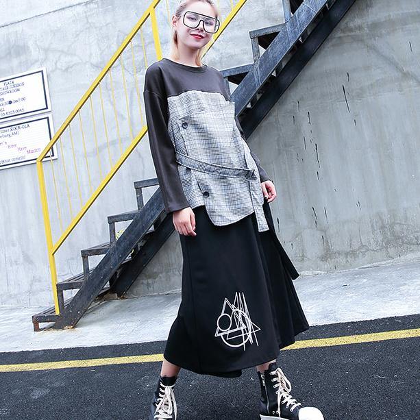Gray Plaid Tops O Neck New Patchwork Asymmetric Cotton Tops
