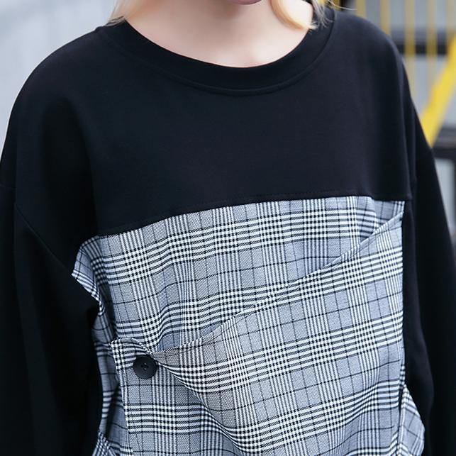 Gray Plaid Tops O Neck New Patchwork Asymmetric Cotton Tops