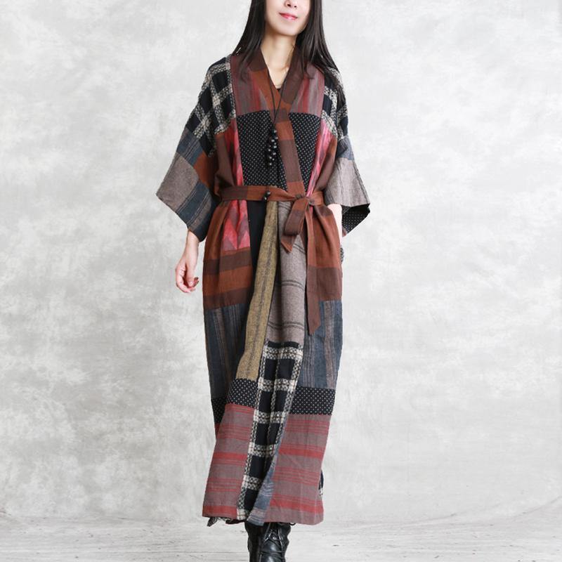 Gray Autumn Linen Dress Oversize Patchwork Traveling Clothing Long Sleeve Tie Waist Autumn Dress