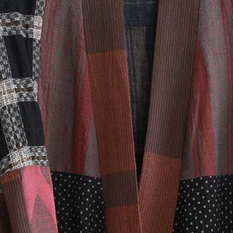 Gray Autumn Linen Dress Oversize Patchwork Traveling Clothing Long Sleeve Tie Waist Autumn Dress