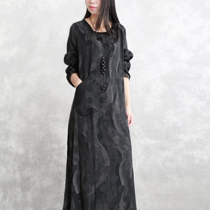 Gray Dotted Cotton Blended Caftans O Neck Pockets Linen Maxi Dress Long Sleeve Asymmetrical Design Caftans