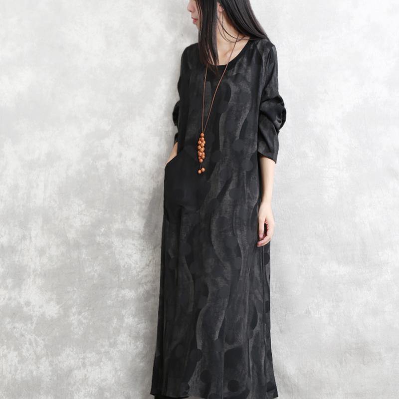 Gray Dotted Cotton Blended Caftans O Neck Pockets Linen Maxi Dress Long Sleeve Asymmetrical Design Caftans