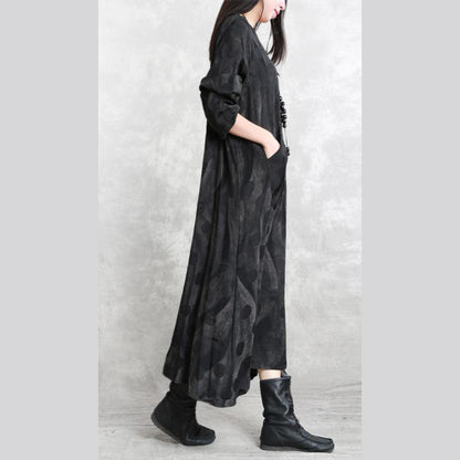 Gray Dotted Cotton Blended Caftans O Neck Pockets Linen Maxi Dress Long Sleeve Asymmetrical Design Caftans