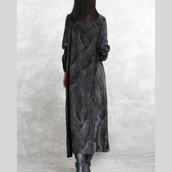 Gray Dotted Cotton Blended Caftans O Neck Pockets Linen Maxi Dress Long Sleeve Asymmetrical Design Caftans