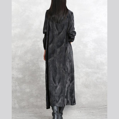 Gray Dotted Cotton Blended Caftans O Neck Pockets Linen Maxi Dress Long Sleeve Asymmetrical Design Caftans