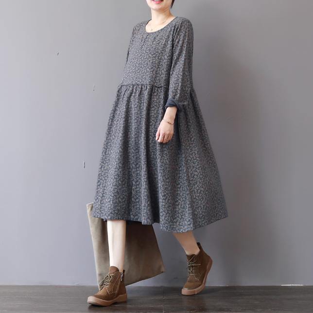 Gray Prints Natural Cotton Dress Loose Fitting Patchwork Traveling Clothing O Neck Autumn Dress