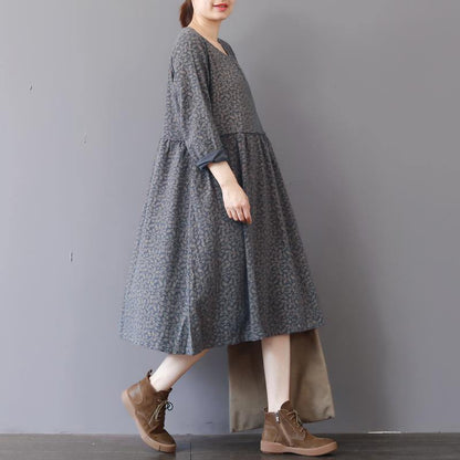 Gray Prints Natural Cotton Dress Loose Fitting Patchwork Traveling Clothing O Neck Autumn Dress