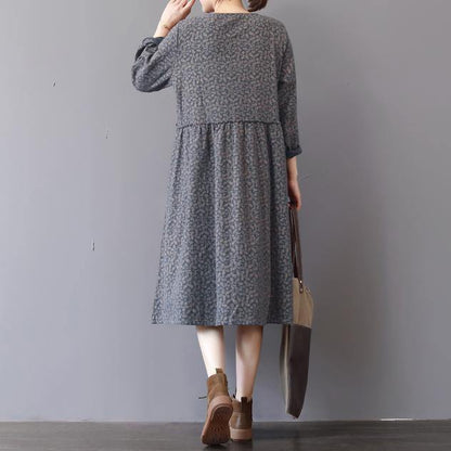 Gray Prints Natural Cotton Dress Loose Fitting Patchwork Traveling Clothing O Neck Autumn Dress