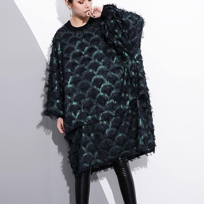 Green Midi-length Silk Polyester Dress Loose Fitting Shirt Dress New Tassel Long Sleeve Dresses