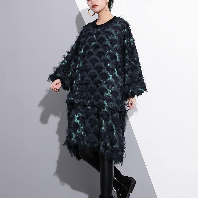 Green Midi-length Silk Polyester Dress Loose Fitting Shirt Dress New Tassel Long Sleeve Dresses