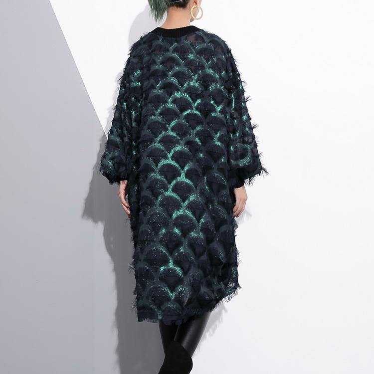 Green Midi-length Silk Polyester Dress Loose Fitting Shirt Dress New Tassel Long Sleeve Dresses