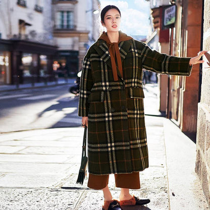 Green Plaid Long Coat Notched Maxi Coat Double Breasted Winter Coat