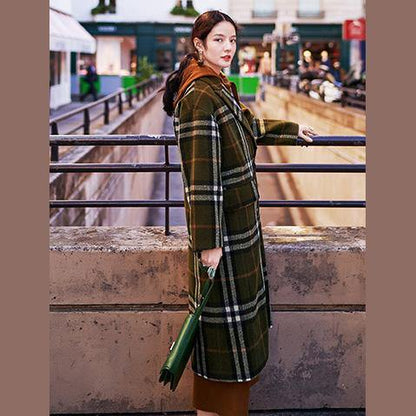 Green Plaid Long Coat Notched Maxi Coat Double Breasted Winter Coat