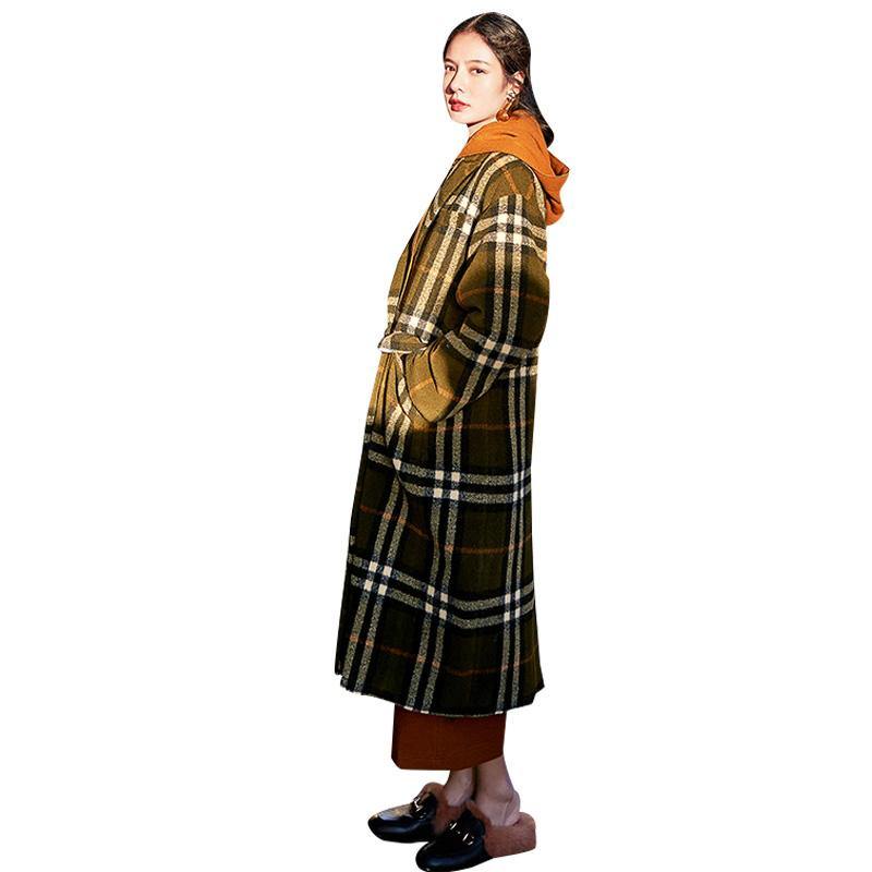 Green Plaid Long Coat Notched Maxi Coat Double Breasted Winter Coat