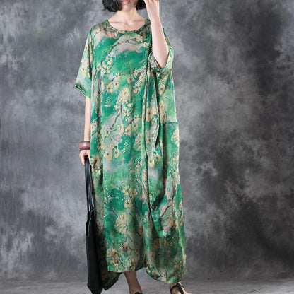 Green Natural Silk Dress Loose Fitting O Neck Baggy Dresses Traveling Clothing Short Sleeve Silk Long Dresses