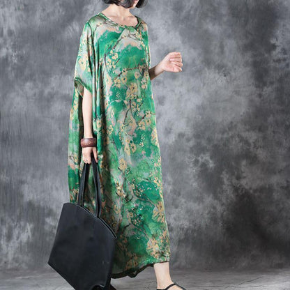 Green Natural Silk Dress Loose Fitting O Neck Baggy Dresses Traveling Clothing Short Sleeve Silk Long Dresses