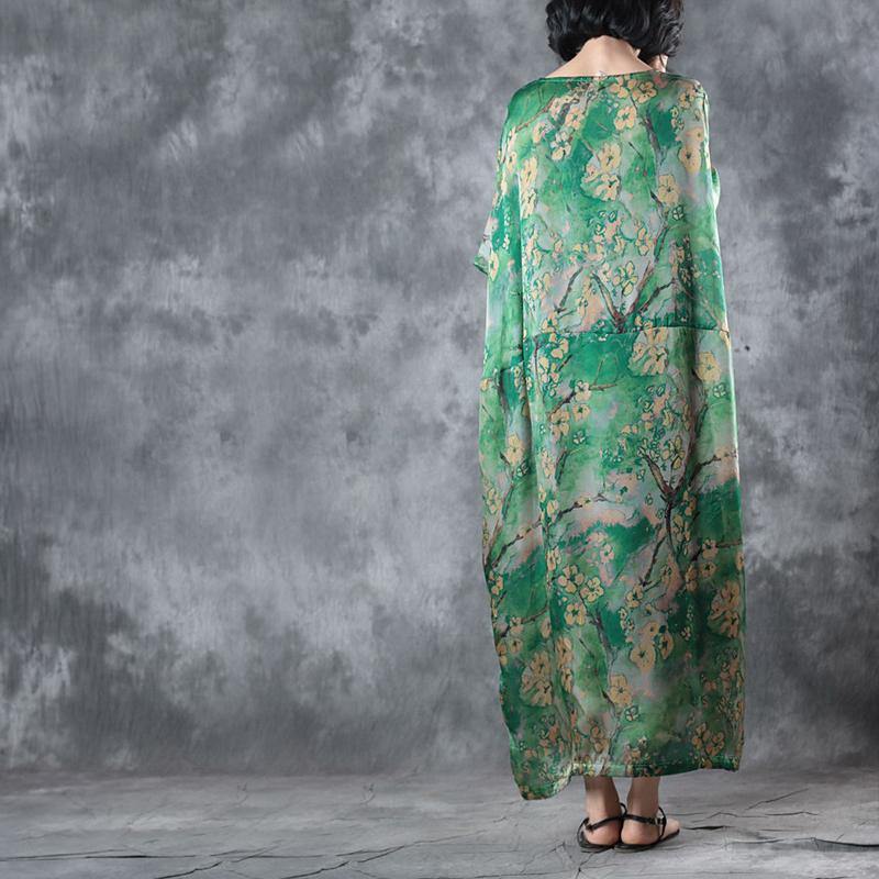 Green Natural Silk Dress Loose Fitting O Neck Baggy Dresses Traveling Clothing Short Sleeve Silk Long Dresses