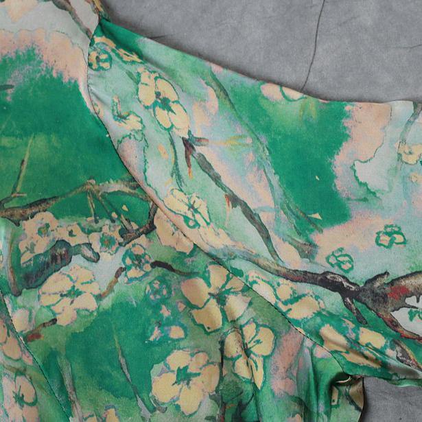 Green Natural Silk Dress Loose Fitting O Neck Baggy Dresses Traveling Clothing Short Sleeve Silk Long Dresses