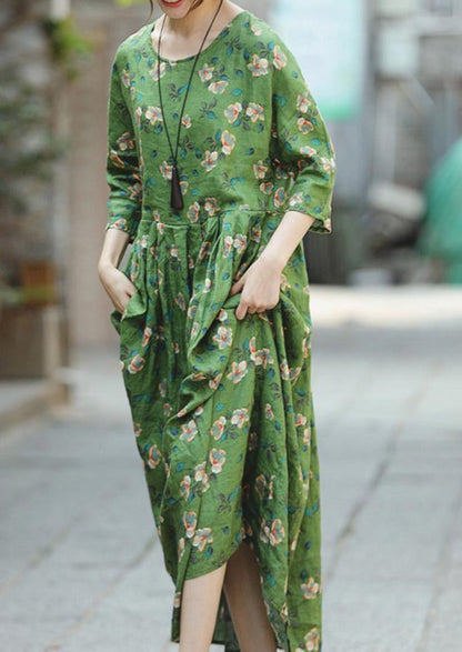 Green Print Natural Linen Dress Loose Fitting O Neck Linen Clothing Dresses Three Quarter Sleeve Baggy Dresses