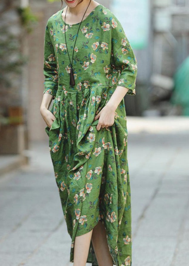 Green Print Natural Linen Dress Loose Fitting O Neck Linen Clothing Dresses Three Quarter Sleeve Baggy Dresses