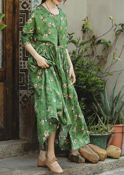 Green Print Natural Linen Dress Loose Fitting O Neck Linen Clothing Dresses Three Quarter Sleeve Baggy Dresses