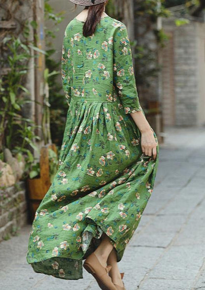 Green Print Natural Linen Dress Loose Fitting O Neck Linen Clothing Dresses Three Quarter Sleeve Baggy Dresses