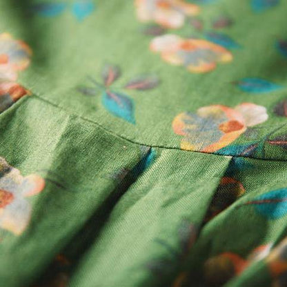 Green Print Natural Linen Dress Loose Fitting O Neck Linen Clothing Dresses Three Quarter Sleeve Baggy Dresses